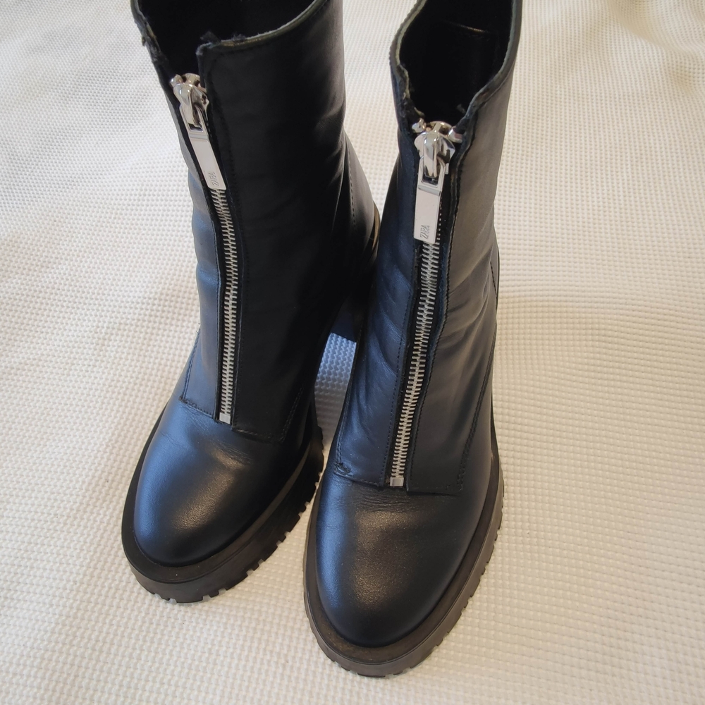 Zara Black Leather Front-Zip Lug Sole Ankle Boots